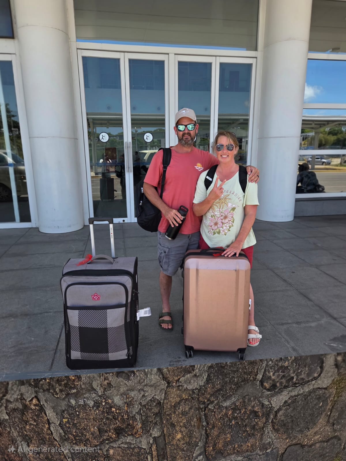 Couple with suitcases in front of the V.C. Bird International Airport