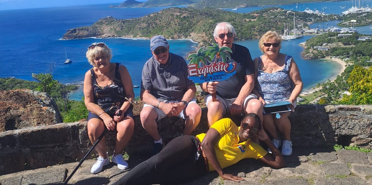 Group taking photo at Shirleys Heights in Antigua