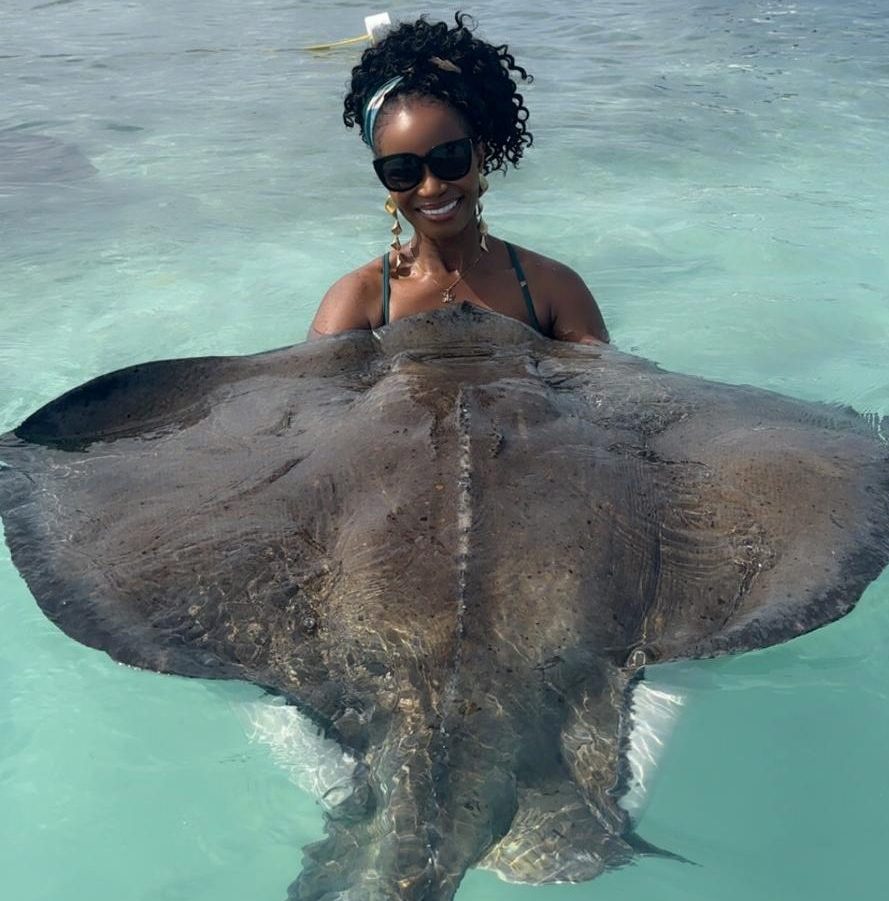 Guest enjoying an up-close encounter with a stingray in the clear Caribbean waters of Antigua